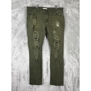 Blind Trust Mens Distressed Moto Khaki Green Jeans Pants‎ 38x34
